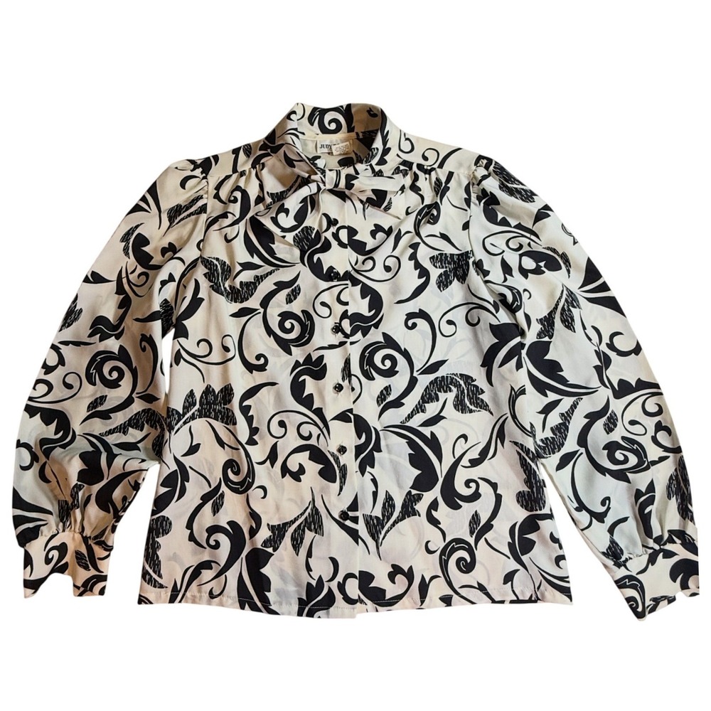 Judy Bond Vintage Bow Neck Blouse Black White Scroll Damask Button Up Top 10